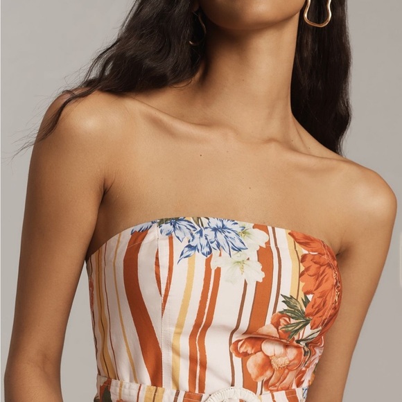 Anthropologie Maeve Strapless Belted A Line Midi Dress Red Floral Pockets XS NEW - Picture 3 of 16